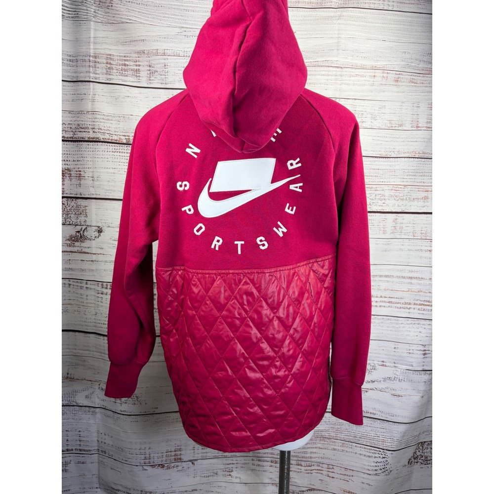 Nike Sportswear NSW Quilted Mixed Media Hoodie Berry Pink Embroidered Logo Small - Picture 3 of 11